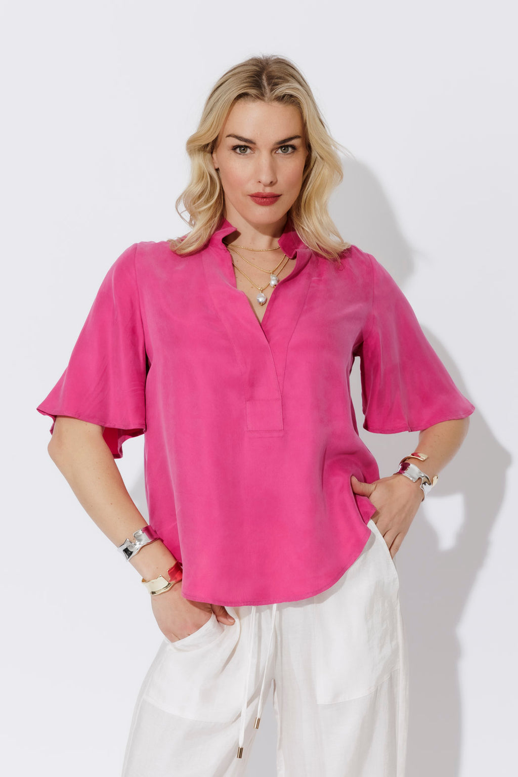 Pink Cupro Fluted Blogger Shirt