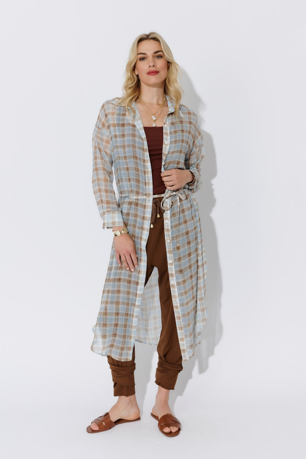 Blue/Tan Long Chiffon Shirt