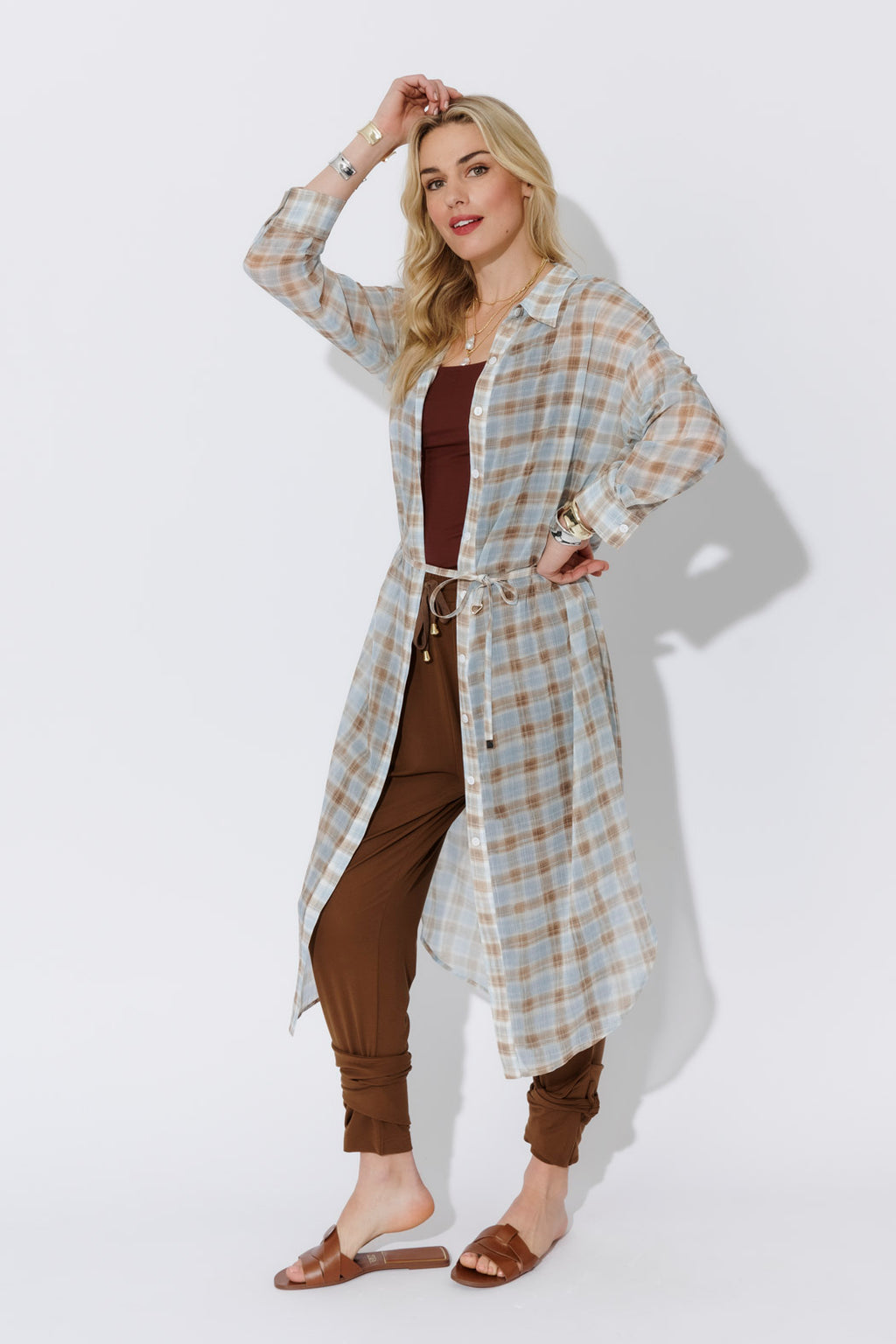 Blue/Tan Long Chiffon Shirt