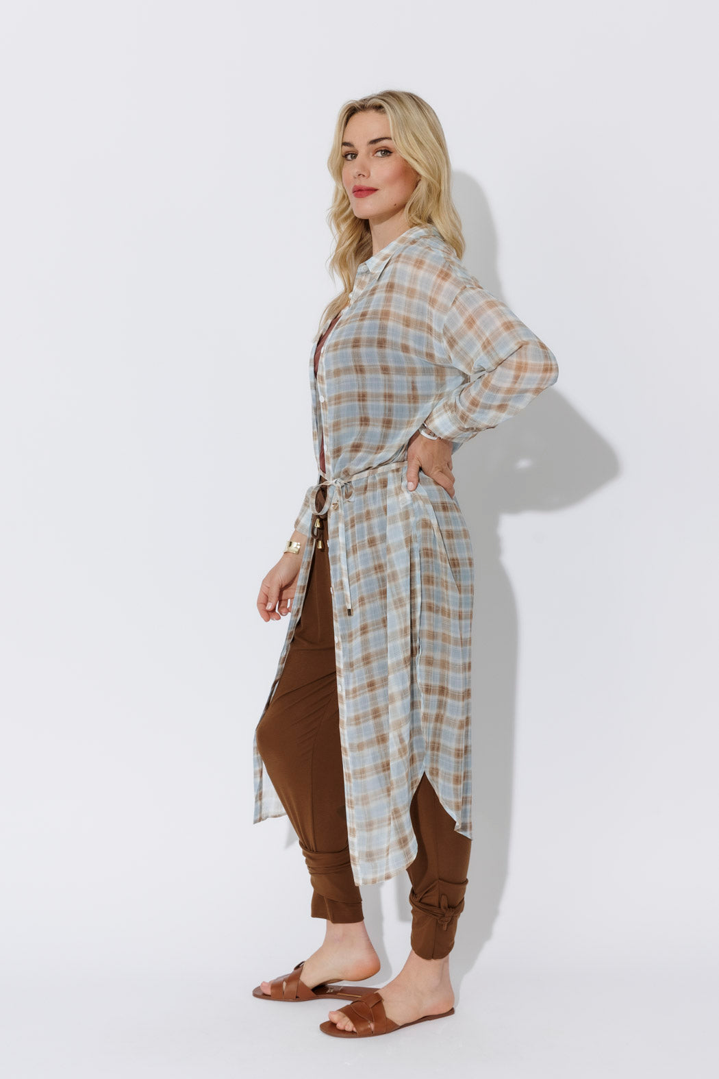 Blue/Tan Long Chiffon Shirt