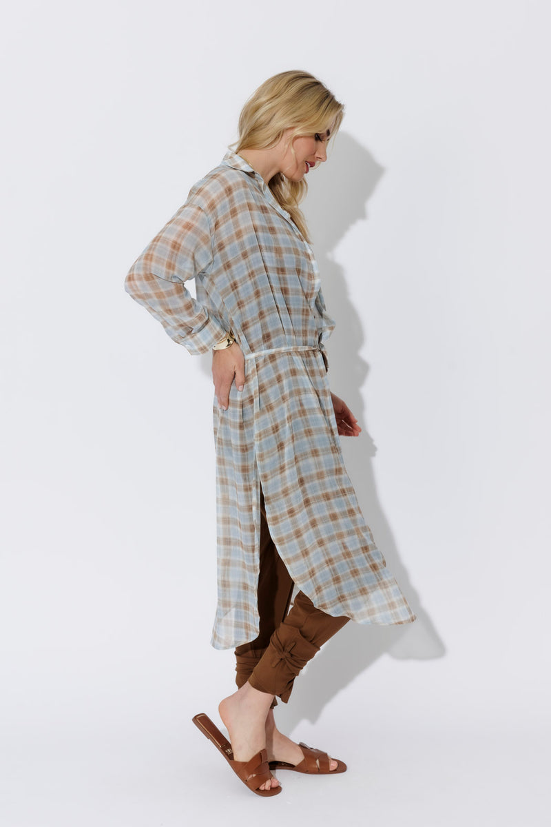 Blue/Tan Long Chiffon Shirt