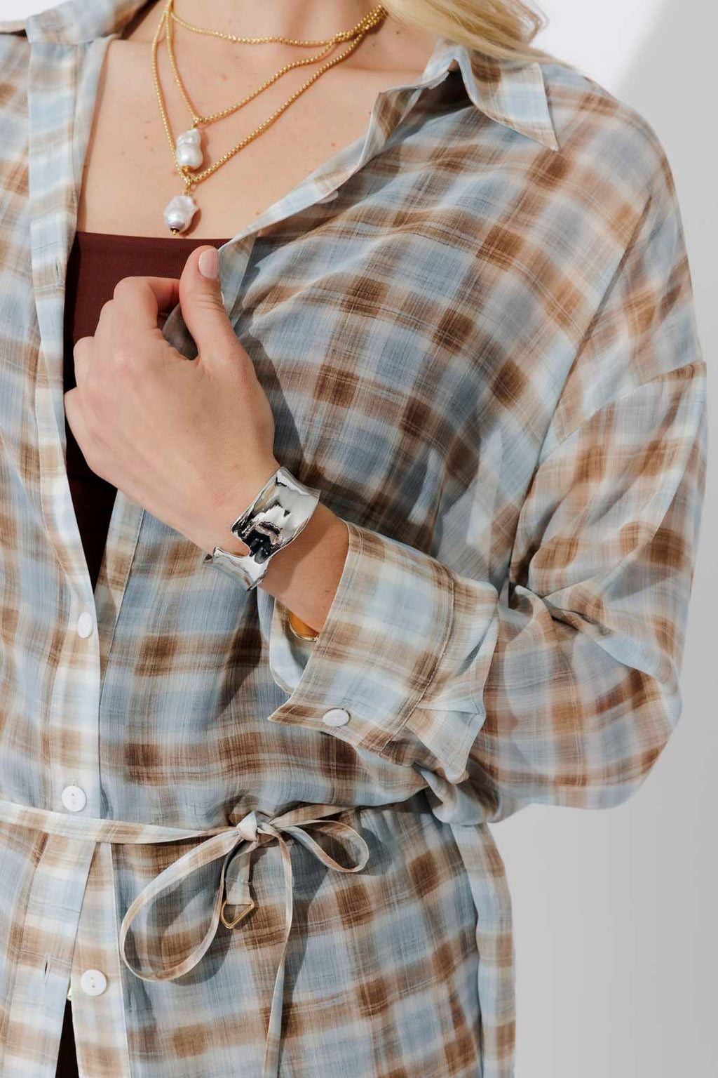 Blue/Tan Long Chiffon Shirt