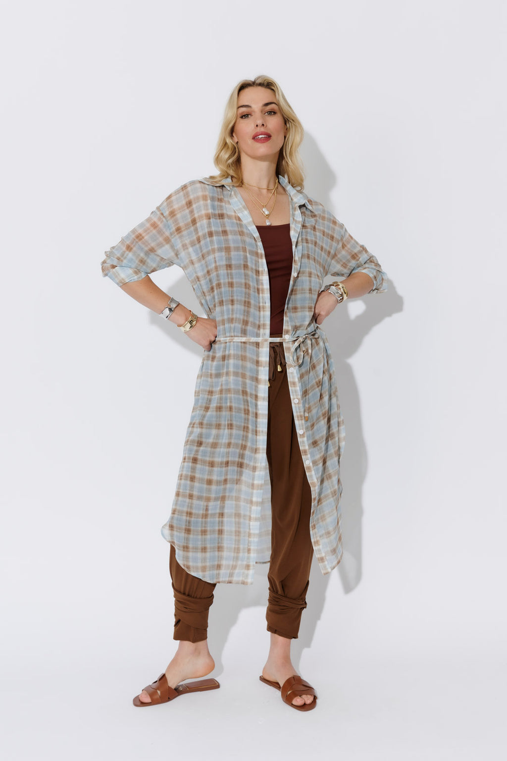 Blue/Tan Long Chiffon Shirt