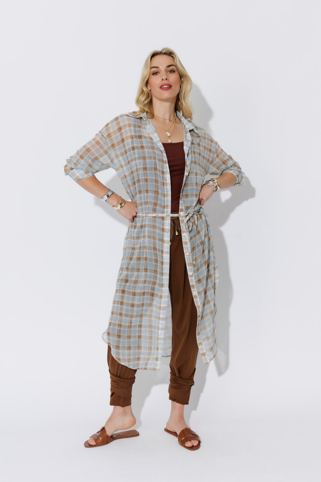 Blue/Tan Long Chiffon Shirt