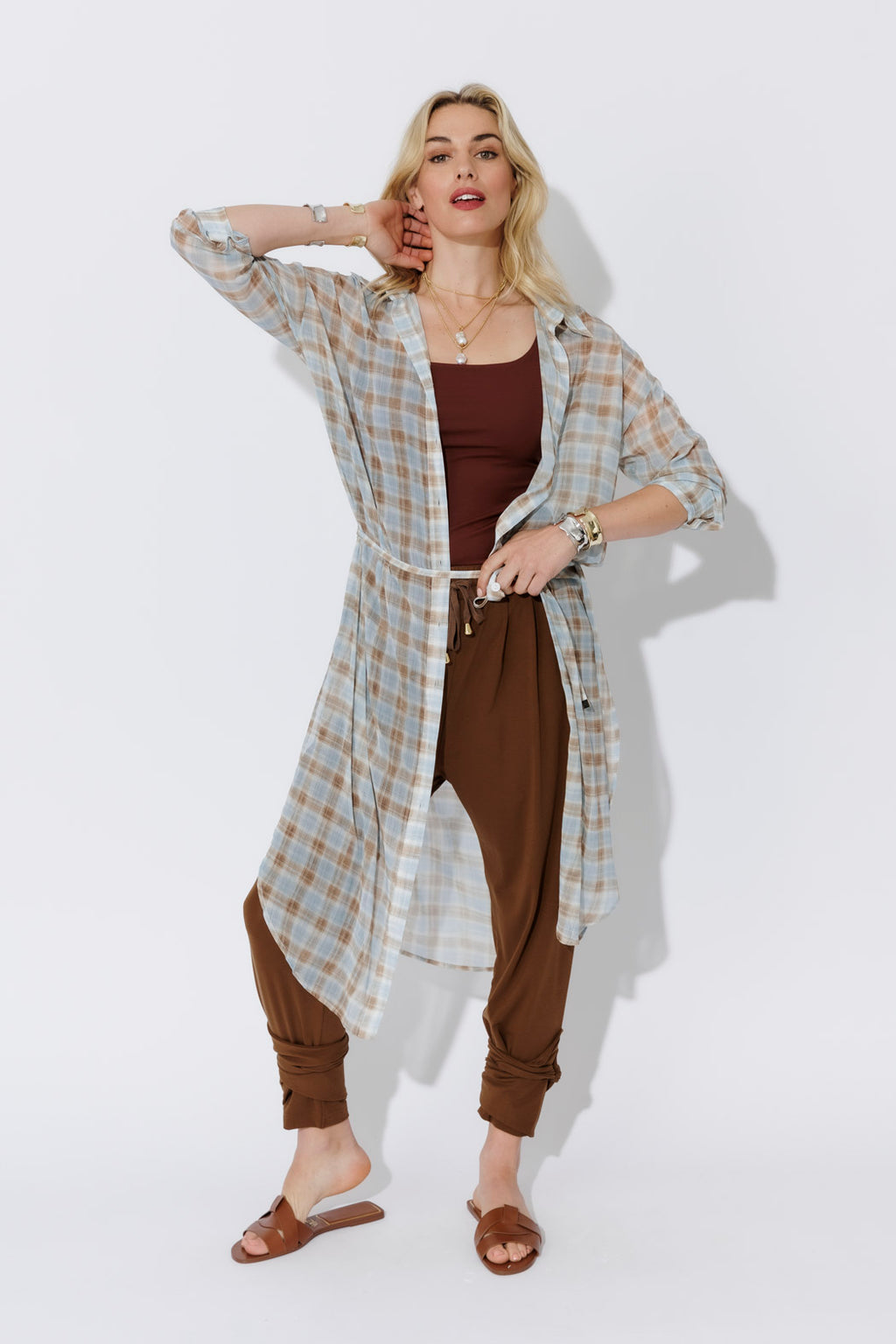 Blue/Tan Long Chiffon Shirt