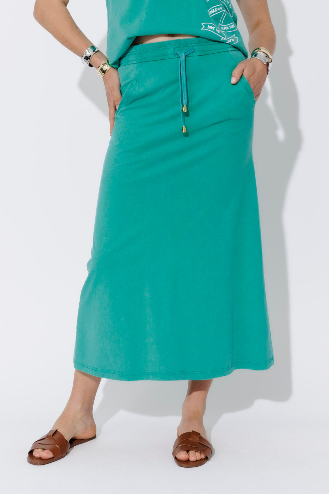 Aqua Washed Cotton Drawstring Skirt