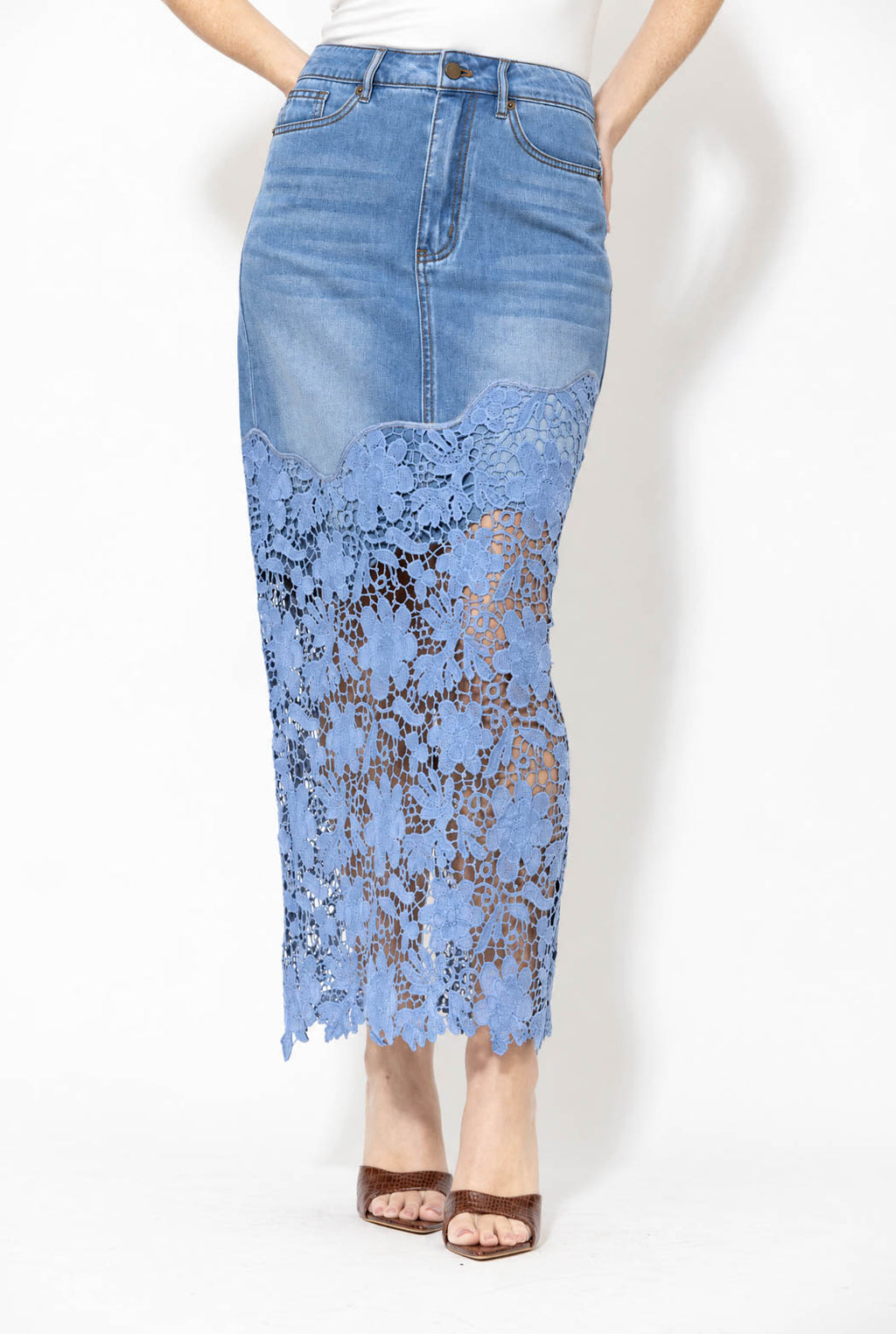 Blue Lace Denim Skirt