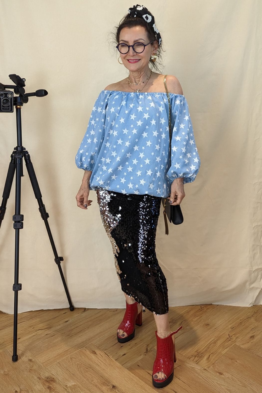 Star Print Off Shoulder Balloon Top - Final Sale
