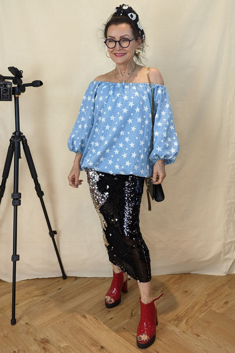 Star Print Off Shoulder Balloon Top - Final Sale