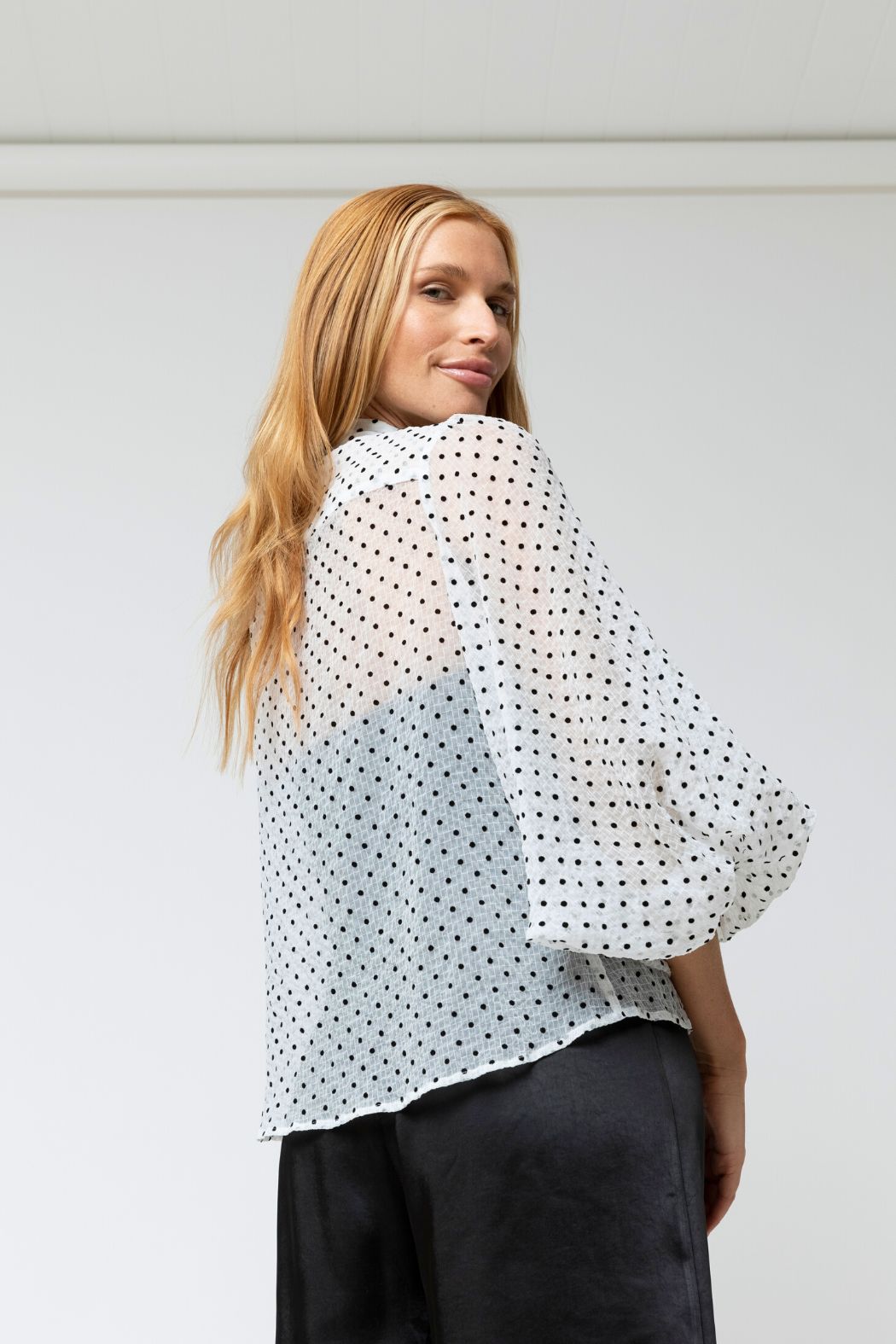 White Polka Dot Balloon Sleeve Shirt