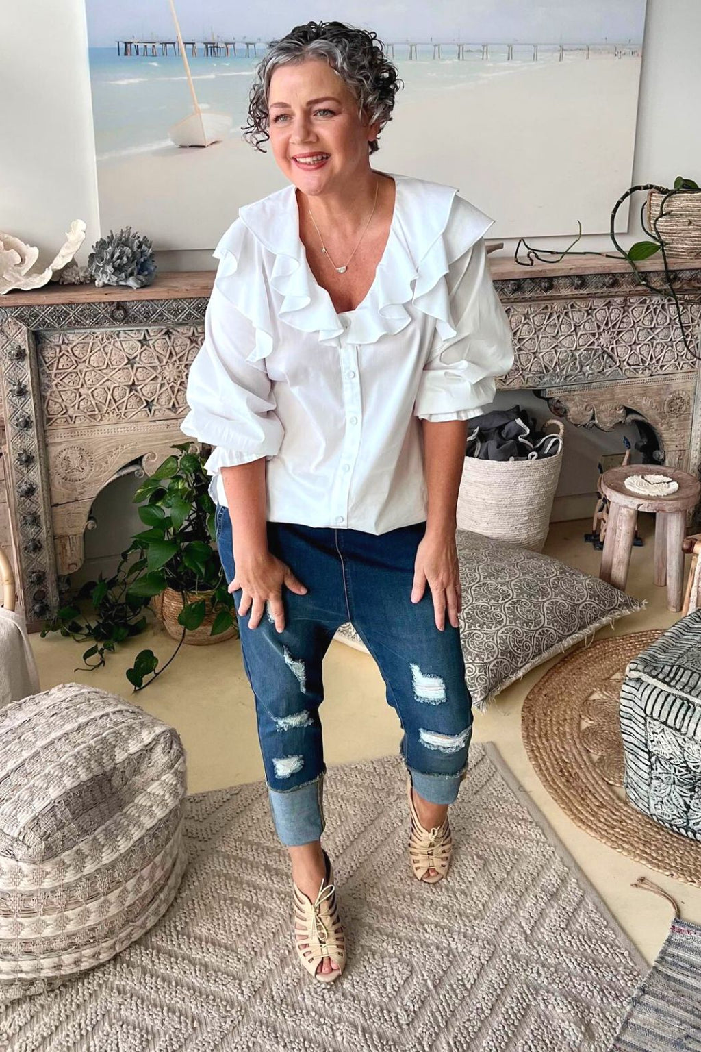 Off White Cotton Ruffle Shirt