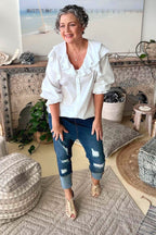 Off White Cotton Ruffle Shirt