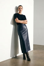 Navy Faux Leather A-Line Skirt