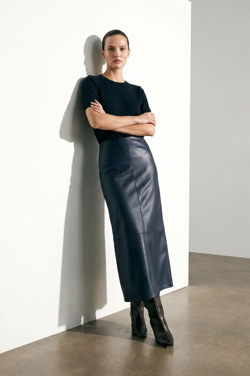 Navy Faux Leather A-Line Skirt