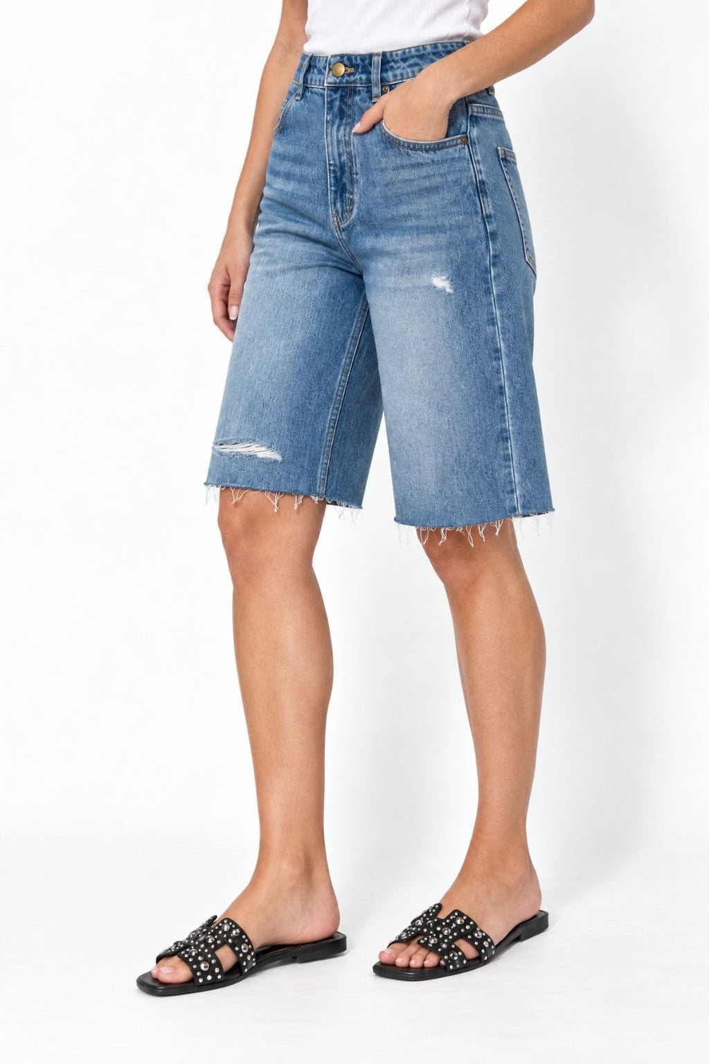 Mid Denim Distressed Shorts