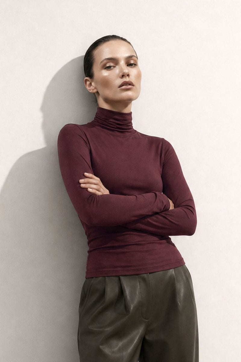 Cherry Tencel Roll Neck Top