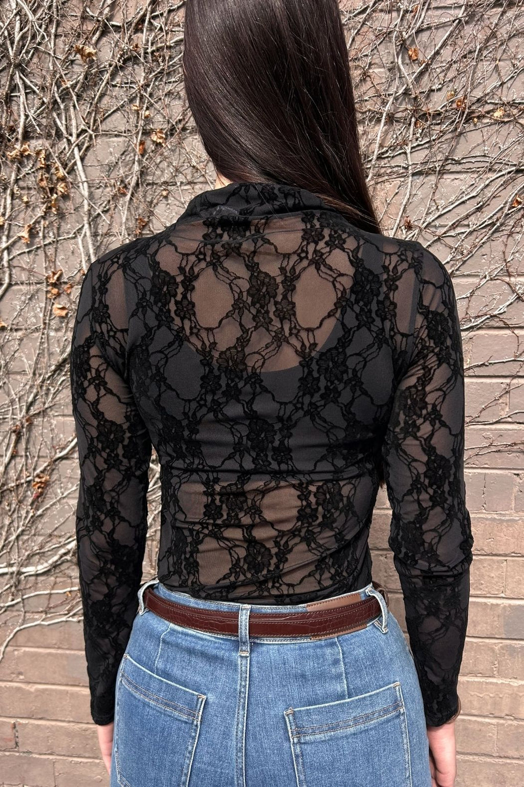 Black Mesh Funnel Neck Top