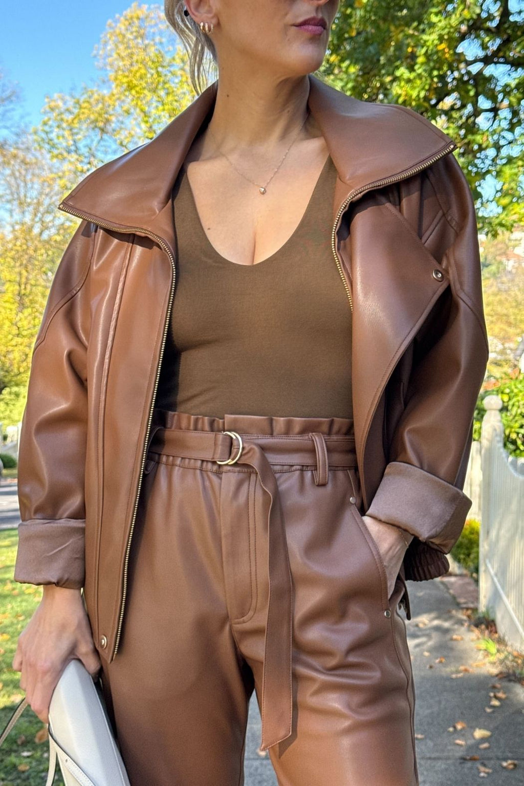 Tan Faux Leather Paperbag Pant