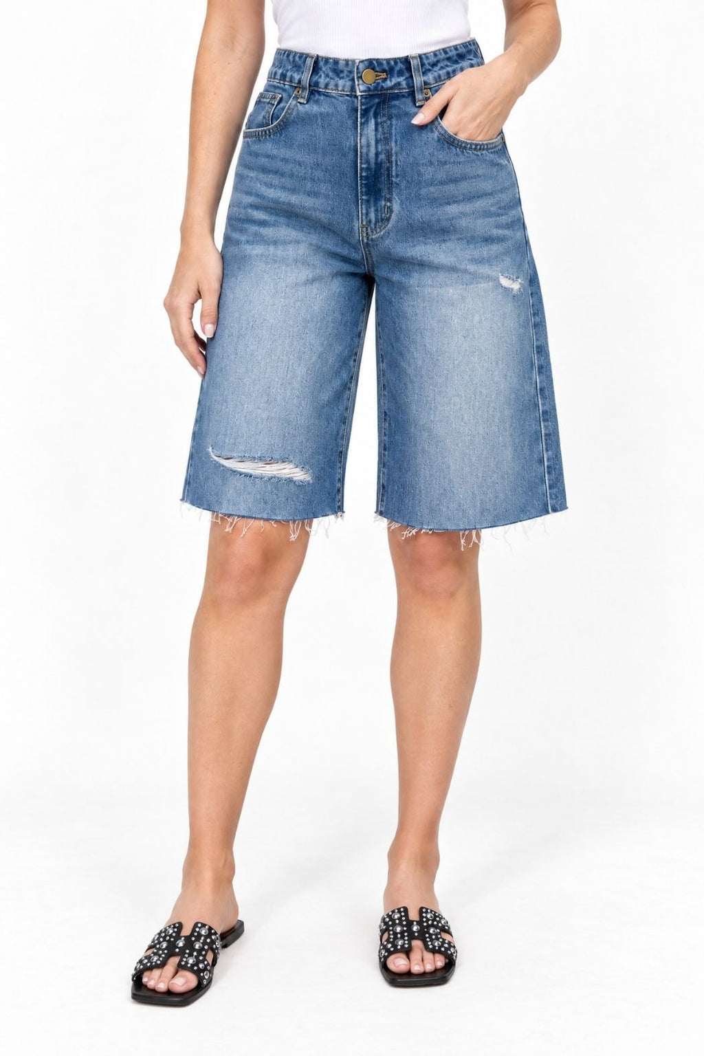 Mid Denim Distressed Shorts