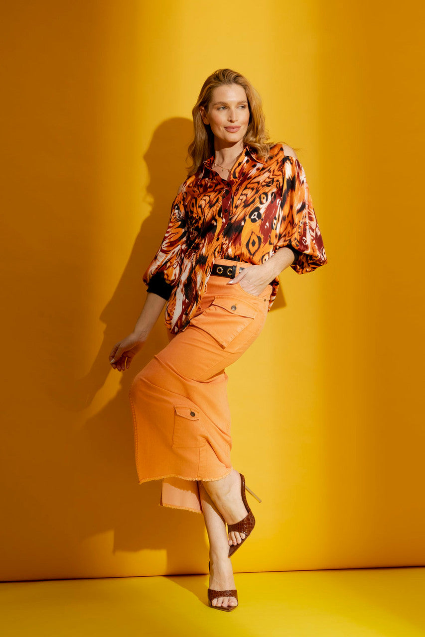 Orange Print Silky Keyhole Shirt