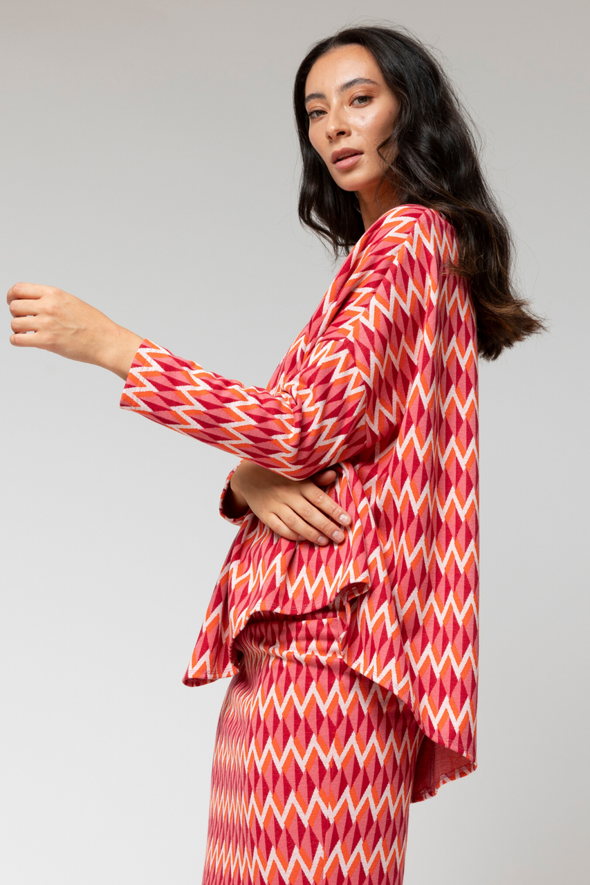 Orange Pink Jacquard V Neck Jumper - Sale