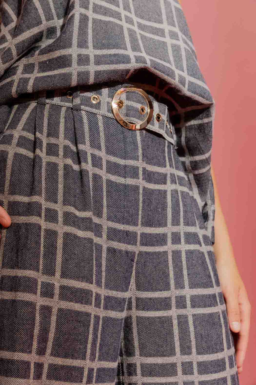 Navy Check Linen Crop Cleo Pant