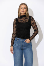 Black Lace Funnel Neck Top