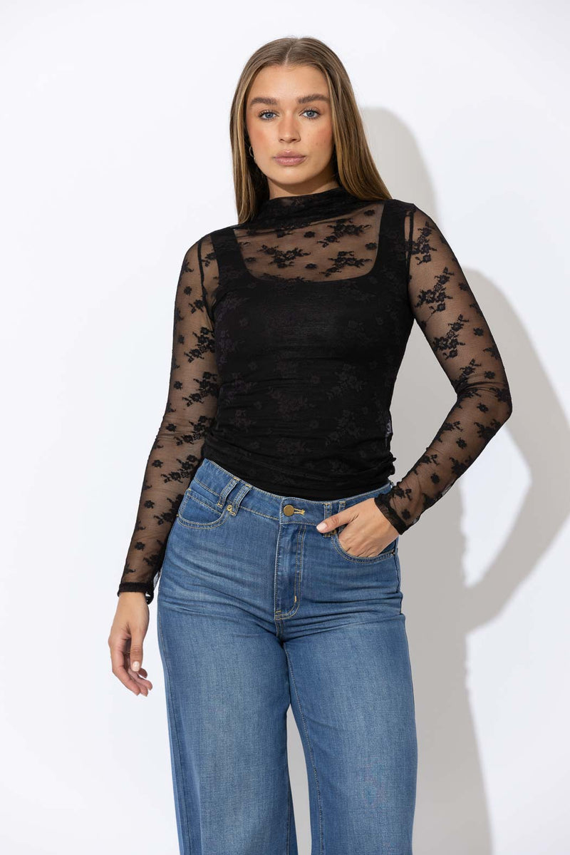 Black Lace Funnel Neck Top