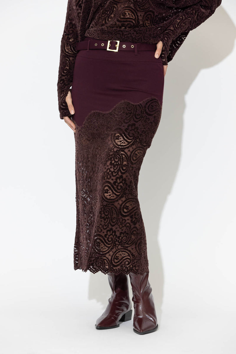 Burgundy Ponte Lace Skirt