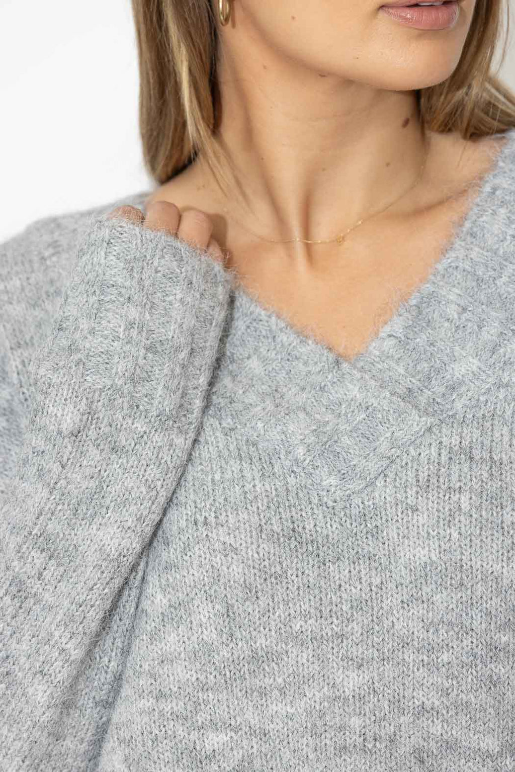 Silver Fluffy V Neck Jumper