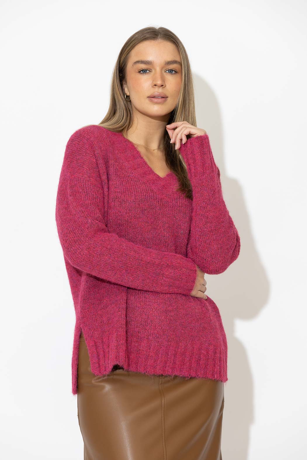 Pink Fluffy V Neck Jumper