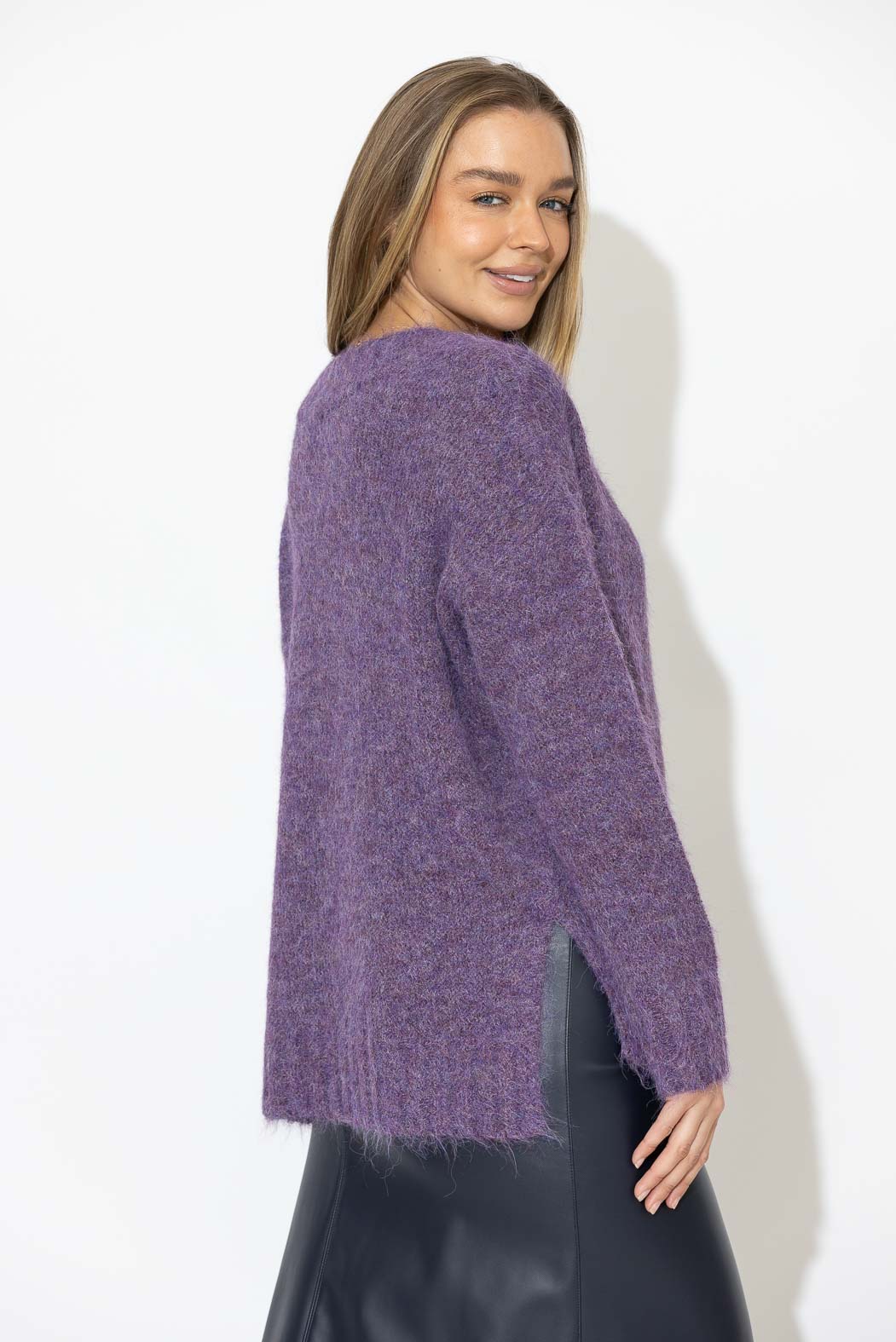 Purple Fluffy V Neck Jumper