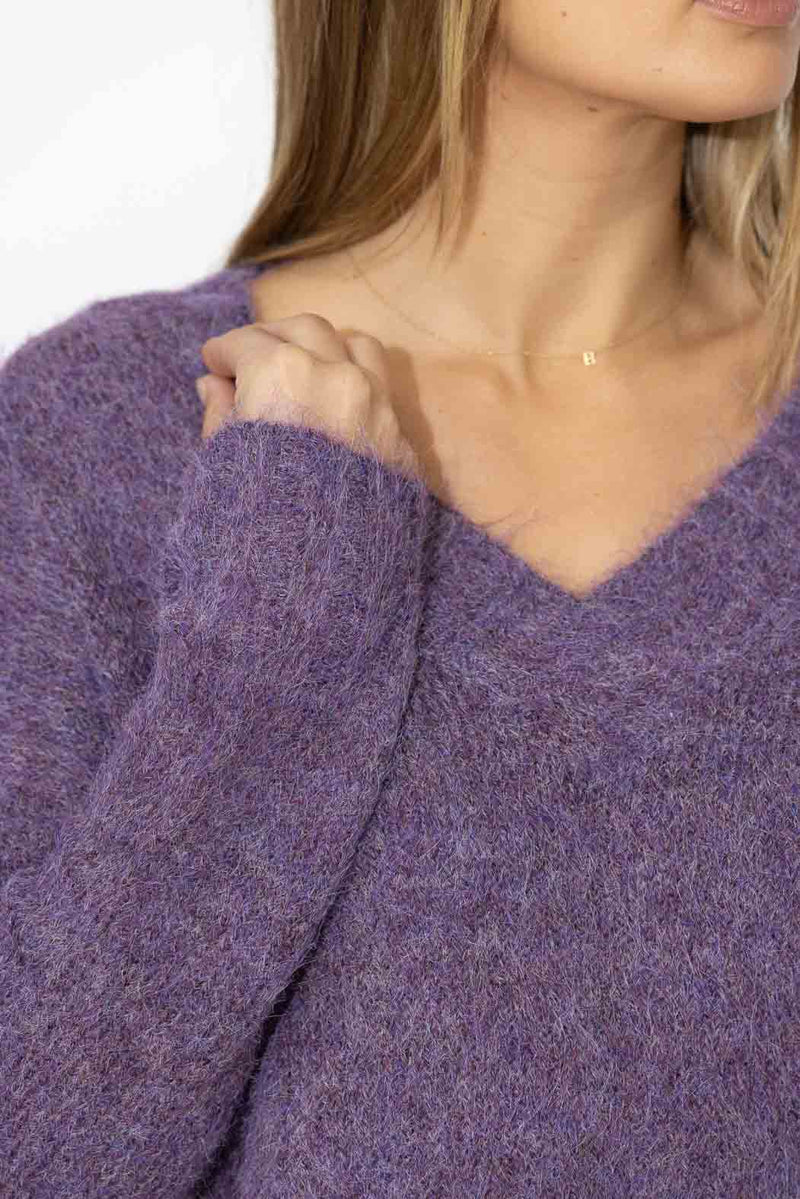Purple Fluffy V Neck Jumper
