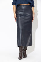 Navy Faux Leather A-Line Skirt