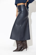 Navy Faux Leather A-Line Skirt