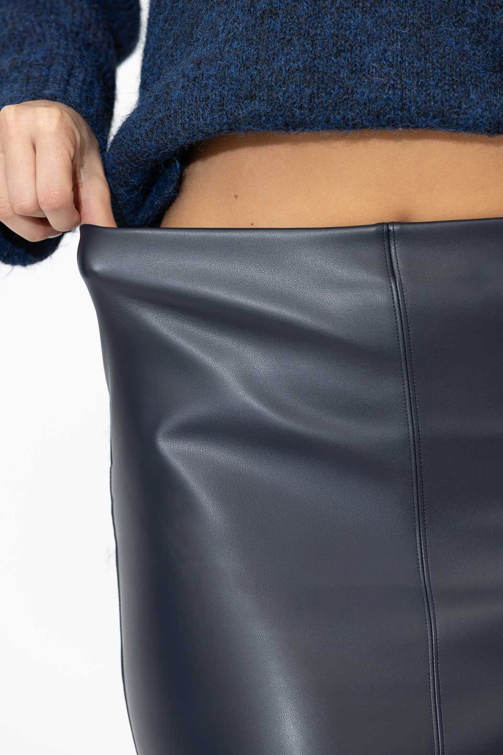 Navy Faux Leather A-Line Skirt