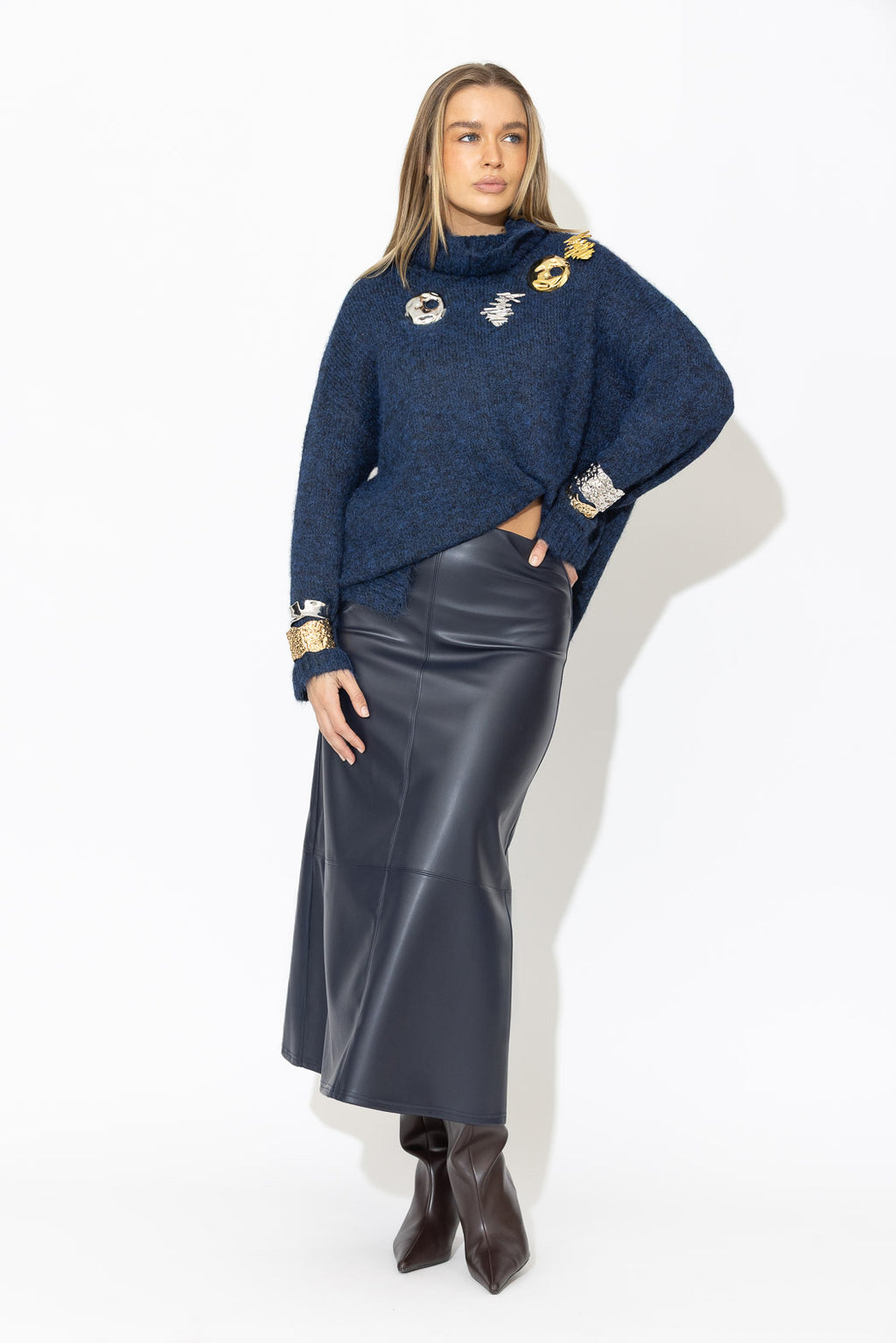 Navy Faux Leather A-Line Skirt