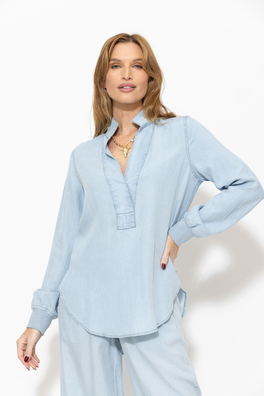 Washed Denim Rib Cuff Blogger Shirt