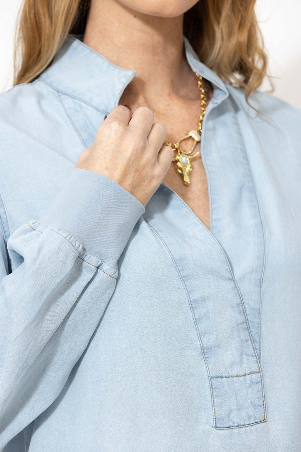 Washed Denim Rib Cuff Blogger Shirt