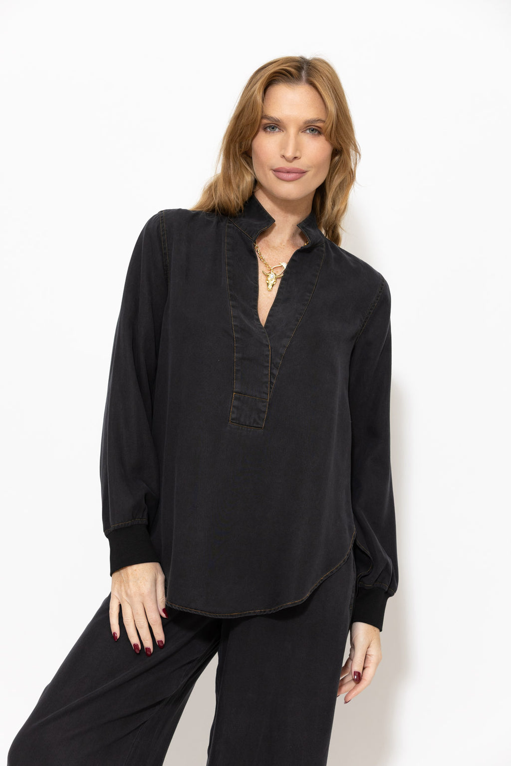 Washed Black Denim Rib Cuff Blogger Shirt