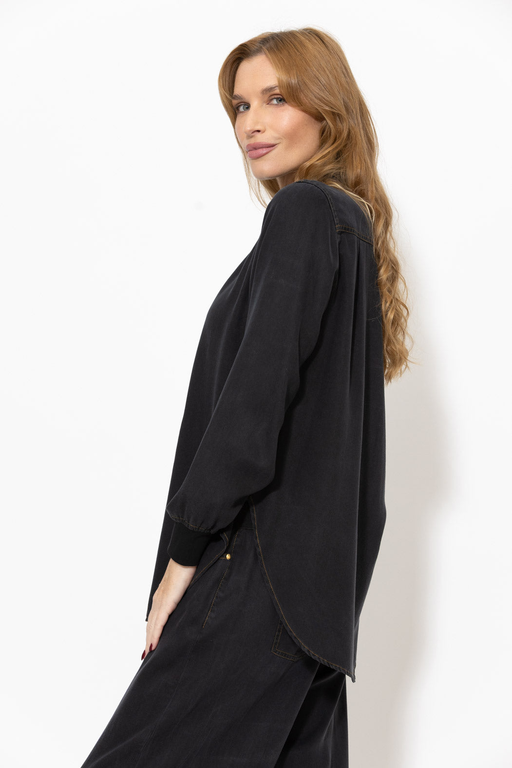 Washed Black Denim Rib Cuff Blogger Shirt