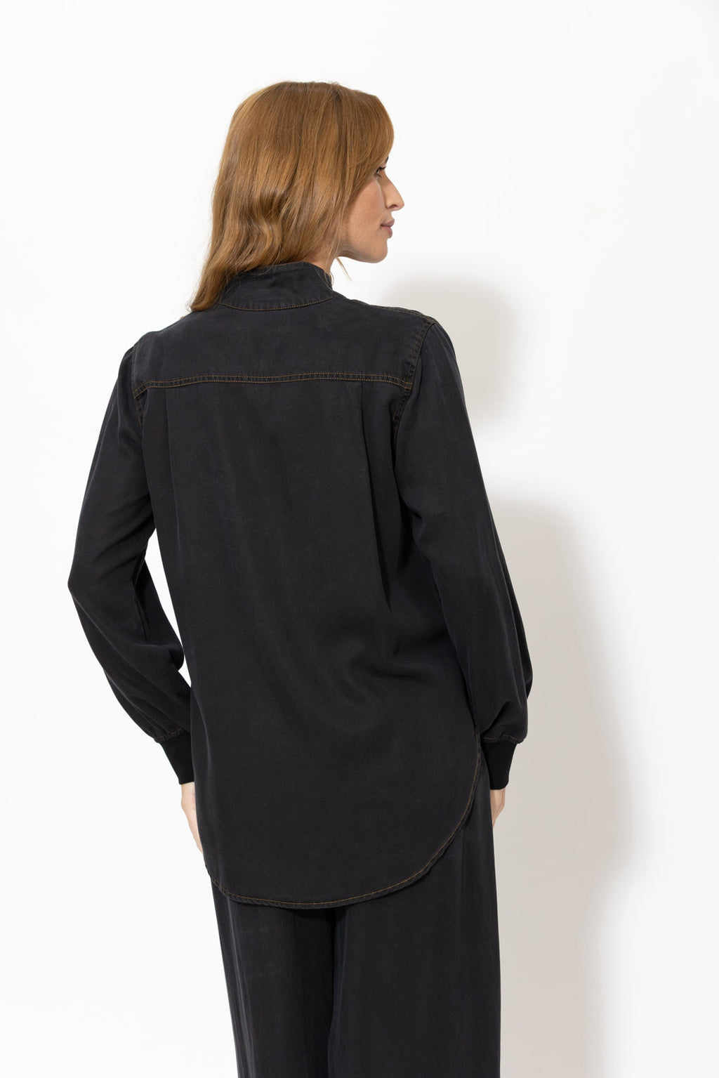 Washed Black Denim Rib Cuff Blogger Shirt