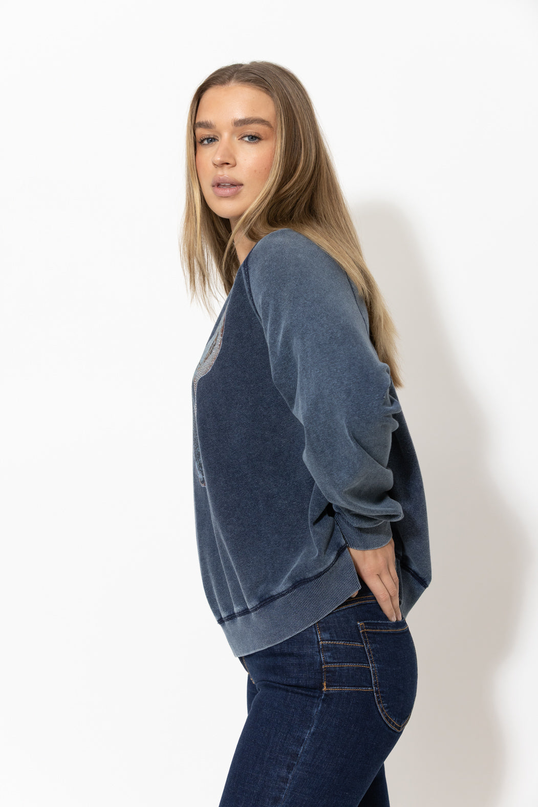 Navy Washed Cotton Horns Jumper