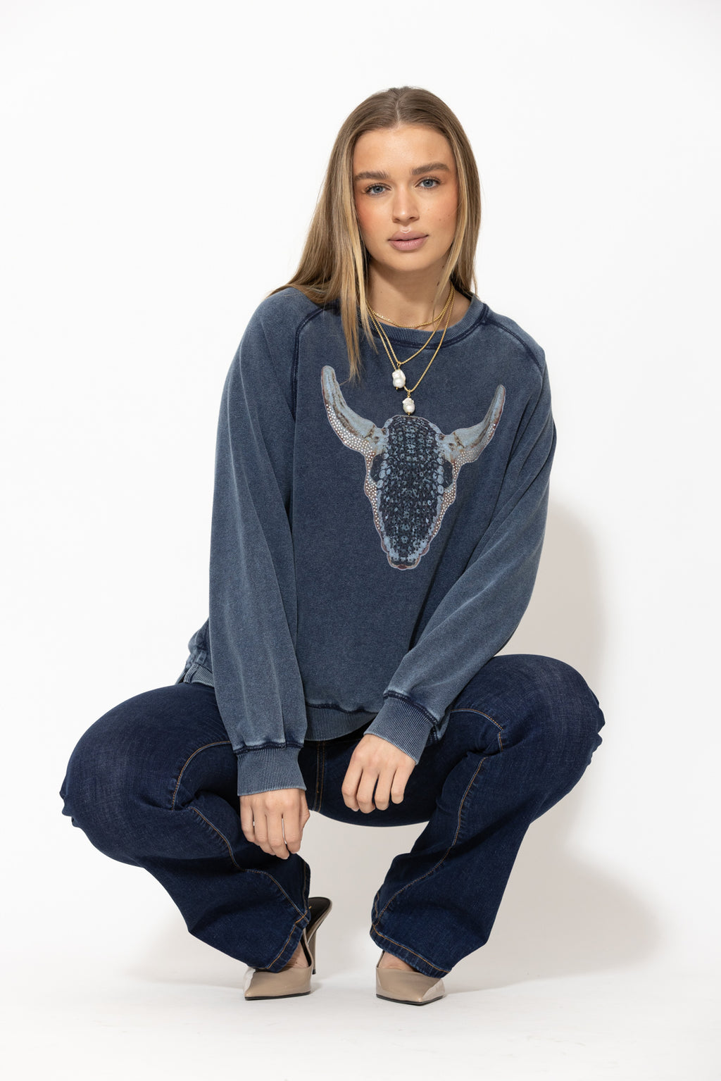 Navy Washed Cotton Horns Jumper