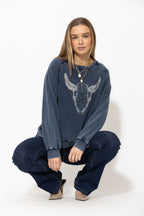 Navy Washed Cotton Horns Jumper