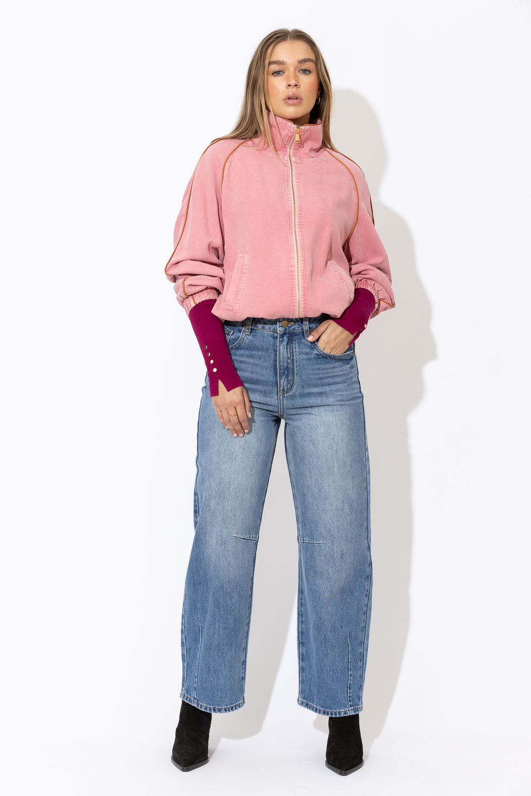 Pink Denim Piped Bomber Jacket