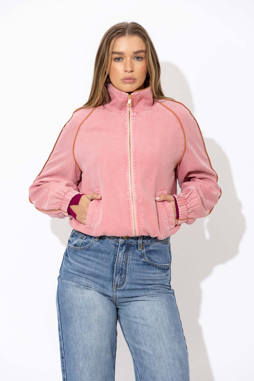 Pink Denim Piped Bomber Jacket