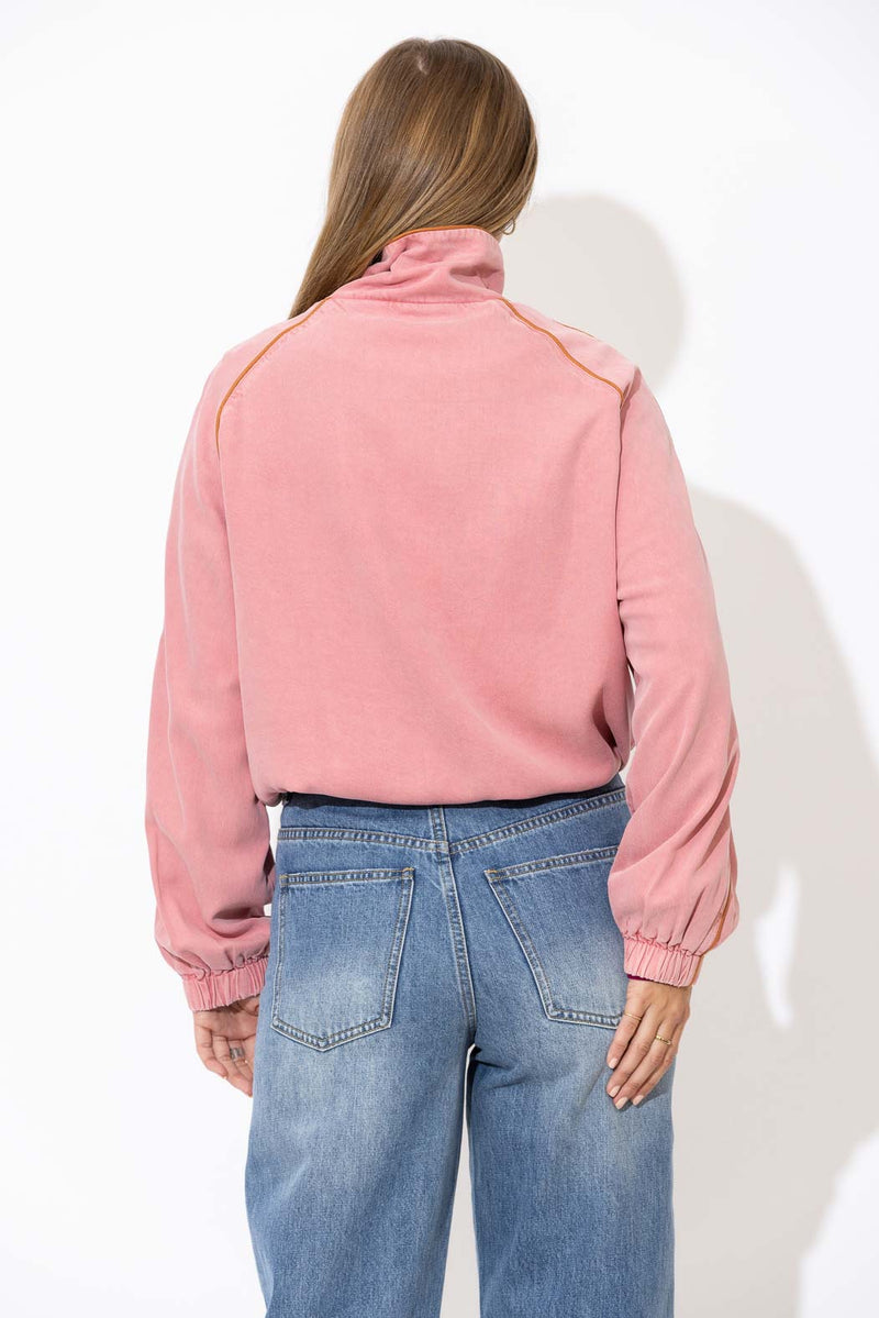 Pink Denim Piped Bomber Jacket