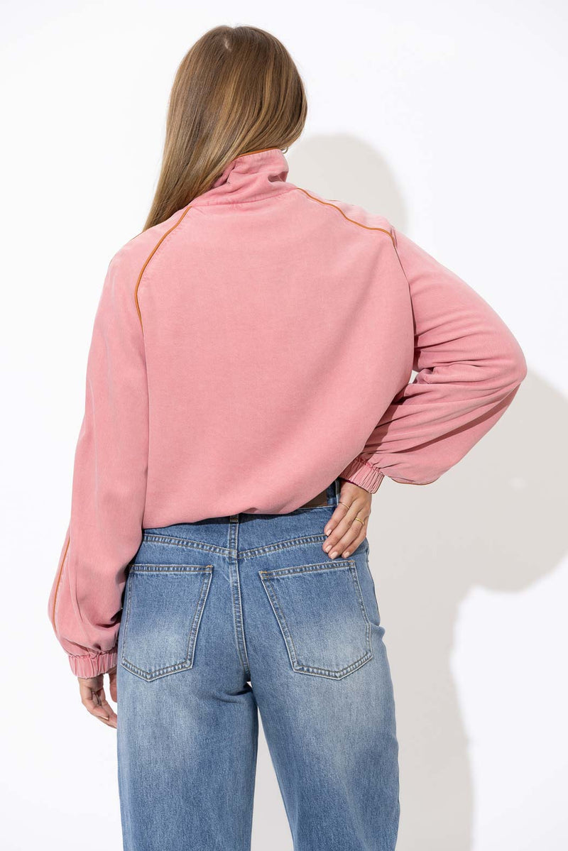 Pink Denim Piped Bomber Jacket