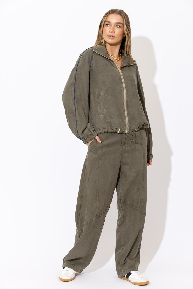 Khaki Denim Piped Bomber Jacket